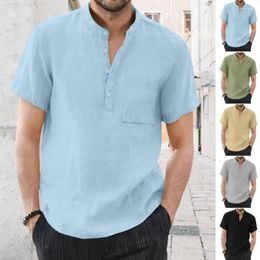 Men's Casual Shirts Breathable Men Shirt Solid Colour Stylish Summer With Stand Collar Chest Pocket Business Commute For