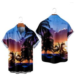 Men's Casual Shirts Palm Trees 3D Prints Summer Short Sleeve V-Neck Turn-down Collar Beach Style Button Shirt