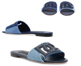 Women designer sandal slipper Logo-patch collage denim slippers open toe sandal flat blue denims mules flats slide slip on EU36-41 With Original