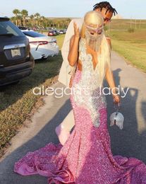 Sparkly Rose Pink Long Mermaid Prom Formal Dresses for Black Girl 2024 Luxury Diamond Velvet Evening Birthday Gala Dress