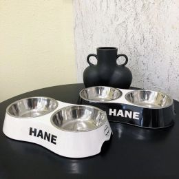 Designer Dog Bowl Pet Bowl Black and White Powder Double Bowl Letter Logo Printed Pet Drinking Cat and Dog Food Set