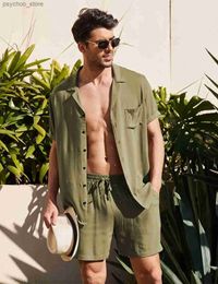 Men's Tracksuits Summer cotton linen shirt set mens casual outdoor 2-piece set and family clothing Pyjamas comfortable and breathable beach short sleeved set Q240314