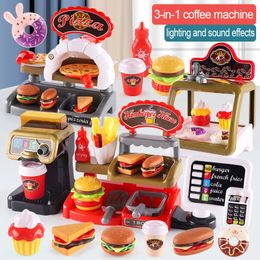 Kid Play House Game Kitchen Fast Food Restaurant Burger Fries Dessert Coffee Machine Cashier Set Mini Educational Role Play Toys 240315