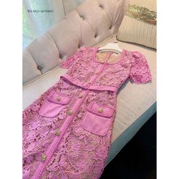 Product New Product New Summer Pink Floral Lace Panelled Pockets Dress Short Sleeve Scoop Neckline Belted Single Breasted Casual Dresses L Es es