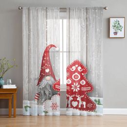 Curtains Christmas Gnome Wood Grain Snow Sheer Curtains Christmas Decorations for Home Window Tulle Curtains For Living Room Bedroom