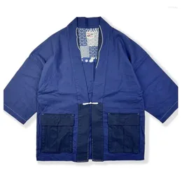 Men's Jackets Retro Blue Dyed Cotton And Linen 3/4 Sleeve Robe Baggy Coat Trendy Casual