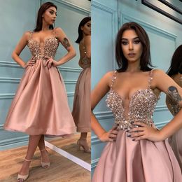 Pink Fashion Designer Prom Dresses Straps V Neck Sequins Tail Dress Pleats Tea Length Formal Red Carpet Special Ocn Short Party Dress YD