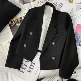 Women's Suits Blazer Double-Breasted White Suit Jacket Female Notched Fashion Black Coat Long Sleeve Chic Office Lady Cropped Blazers