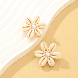 Stud Earrings 2024 Chic Summer Ocean Sea Cowrie Shell Imitation Pearl Flower Fashion Seashell Statement Women Beach Studs