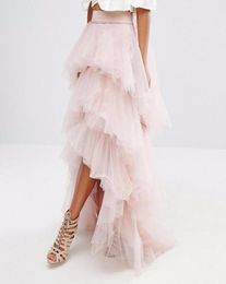 Gorgeous Light Pink Tulle Skirt Layered Tiered Puffy Women Tutu Skirts Cheap Formal Party Gowns High Low Long Skirts Custom Made1862268
