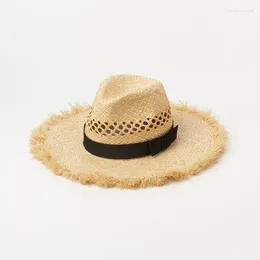 Wide Brim Hats X303 Hollowed-out Straw Hat Braided Fringed Bow Lafite Jazz Cap Outdoor Travel Sun Protection Lady Panama Caps