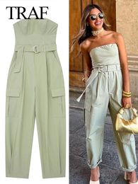 TRAF Women Fashion Y2K Jumpsuit Solid Green With Belt Sleeveless Green Cargo Pants Loose Chic Female Clothing Street 240308