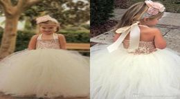 Cute Ivory Flower Girl Dresses 2019 Bling Rose Gold Sequin Halter Tutu Floor Length Ball Gown Cheap Custom Made Little Girls Pagea7434198