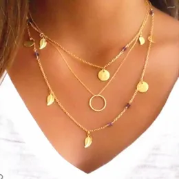 Choker Fashion Gold Colour Chain Leaves Multi Layer Necklace Geometric Round For Women Collier Femme Jewellery Gift