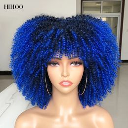 Short Afro Kinky Curly Wig With Bangs For Black Women Cosplay Lolita Natural Hair Ombre Mixed Brown Synthetic African Wigs 240305