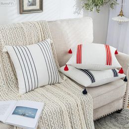 Pillow Home Simple Stripe Cover 45x45cm Black Red Navy Tassels Decoration Living Room Bedroom Cotton Sofa Bed