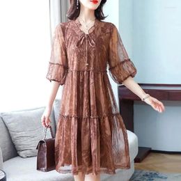 Party Dresses Summer Half Sleeve Casual Printed Midi Dress Women's Clothing Spliced Loose Fashion Gauze Korean Drawstring Bow A-Line