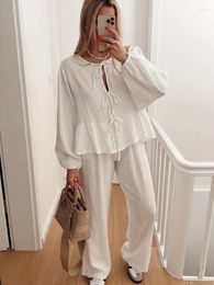 Women's Two Piece Pants Casual Lace Up Shirts 2 Sets Women White O-neck Long Sleeve Loose Blouses Elastic High Waist Trousers Lady Outfits