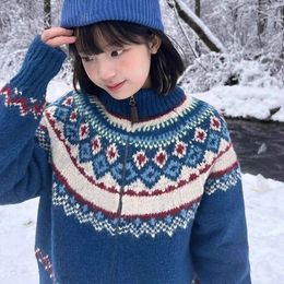 Women's Knits Vintage Blue Fair Isle Aesthetic Sweaters For Girls Turtleneck Zipper Cardigan Coats Women Winter Outdoor Jackets Loose