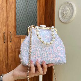 Shoulder Bags Pearl Handbag Sequin Womens Messenger Vintage Bag Banquet Party Single Designer Handbags Tote 240311