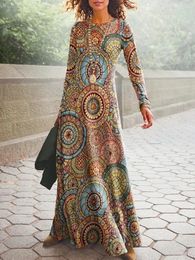Womens Vintage Boho 3D Geometric Print Dress 2023 Summer Skirt O Neck Long Sleeve Loose Waist Dresses Lady Robe 240313