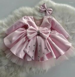 Girl Dresses Cute Pink Satin Baby Princess Beaded Kids Long Sleeves Party Dress Celebrity Birthday