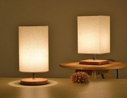 Bedside Table Lamps Minimalist Solid Wood Night Light Simple Desk Round Nightstand Lamp with Fabric Shade7202923