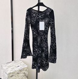 Womens Dress USA Fashion brand black silk white line floral embroidery flared sleeves gathered waist mini dress