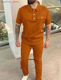 Men's Tracksuits Mens high-end business casual autumn solid Colour pocket short sleeved pants casual trend sportswear Q240314