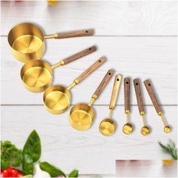 Measuring Tools Metal Cups Set With Wooden Handle Kitchen Measure Cup Spoon Stainless Steel Stackable Gold Bar Baking Drop Delivery Dhws8