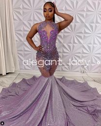 Lilac Purple Sparkly Evening Pageant Dresses for Black Girl Luxury Diamond Crystal Gillter Prom Gown vestido lila damas de Honour