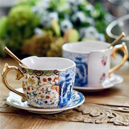 Ceramic Coffee Cup Saucer Gift Box Chinese Style Creative Color Matching Teacup Set Blue and White Porcelain Handle Mug Water 240301