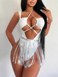 Women's Swimwear Women One Piece Set Swimsuit Sequin Tassels Puch Up Solid Sexy Bandage Ruched Female Bathing Suit Beachwear Best quality Best quality