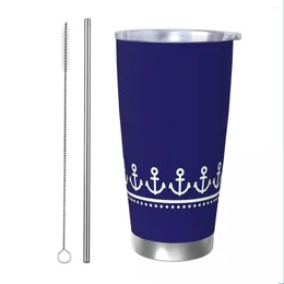 Tumblers Anchor Pattern Insulated Tumbler With Straws Nautical Stainless Steel Thermal Mug Outdoor Travel Car Bottle Cup 20oz