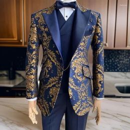 Men's Suits Jacquard Groom Tuxedo For Wedding Slim Fit Floral Men Gentleman Jacket With Vest Pants 3 Pieces Fashion Costume 2024