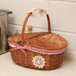 Baskets Handmade Wicker Basket with Handle Wicker Outdoor Camping Picnic Basket Food Fruit Rattan Storage Basket Tableware Supplies Bag