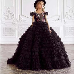 Girl Dresses Black Ball Gown Baby Flower Tulle Appliques Children Princess Prom Birthday Party Gowns
