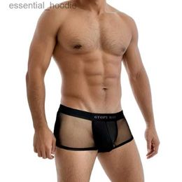 Underpants 2pcs-Pack Mens Underwear Half Mesh Trunk with Ice Silk U Convex Low Waist Boxers Sexy Transparent Mesh Breathable Boxer PackC24315