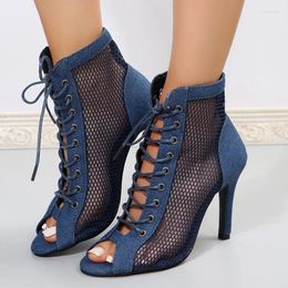 Sandals Fashion Mesh Patchwork Boots Women High Heels Summer Sexy Peep Toe Hollow Out Cross Lace-Up Woman Party Club Shoes