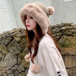 Berets Winter Plush Pompom Hats For Women Knit Crochet Bucket Hat Womens Warm Outdoor Ear Cover Pullover Beanies Cap Accessories