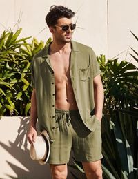 Summer Cotton Linen Shirt Set Mens Casual Outdoor 2-Piece Suit Andhome Clothes Pajamas Comfy Breathable Beach Short Sleeve Sets 240315