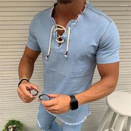Men's Casual Shirts Pure Colour Summer Short Sleeve Denim Shirt Collar Lace Up Male T-Shirt Fashion Top Clothing