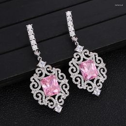 Dangle Earrings Lovely Geometry Pink For Women Wedding Cubic Zirconia Dubai Bridal Costume Jewelry 2024Summer Party E9563
