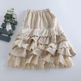 Skirts Sweet Mori Girl Lace Layer Skirt Cotton Linen Women Mediaeval Embroidery Lolita Gypsy Midi Faldas Mujer Faldones Para