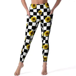 Active Pants Yellow Sunflower Print Leggings Black And White Plaid Push Up Yoga Retro Quick-Dry Legging Women Custom