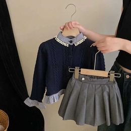 Girl's Dresses Sew Baby Girls Dress 2024 Spring Girls Autumn Cardigan Set of Childrens Sweaters Style Preppy Pleated Skirt Cheap Dresses 240315