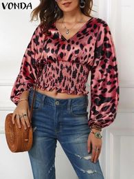 Women's Blouses VONDA Elegant Women Satin Shirts Vintage Leopard Printed Blouse 2024 Fashion Sexy V Neck Tunic Tops Casual Long Sleeve