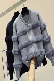 Chic Rabbit Fur Patchwork Warm Knitted Jacket Jersey For Women Zipper Design Sweaters Cardigan New Elegant Female Knitting Coat 204192955