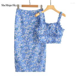 Work Dresses SheMujerSky Women Summer 2 Piece Set Blue Cami Top And Midi Skirts 2024 Floral Print Ruffles Cropped Tops Skirt Two Pieces