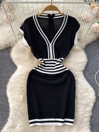 Casual Dresses YuooMuoo Chic Fashion Lady Knitting Black Dress Summer V-neck Elegant Office Party